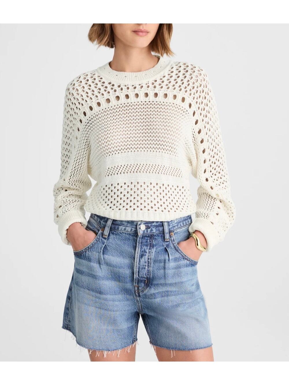 NWOT MADEWELL White Open Stitch Cotton Pullover Sweater Size Medium